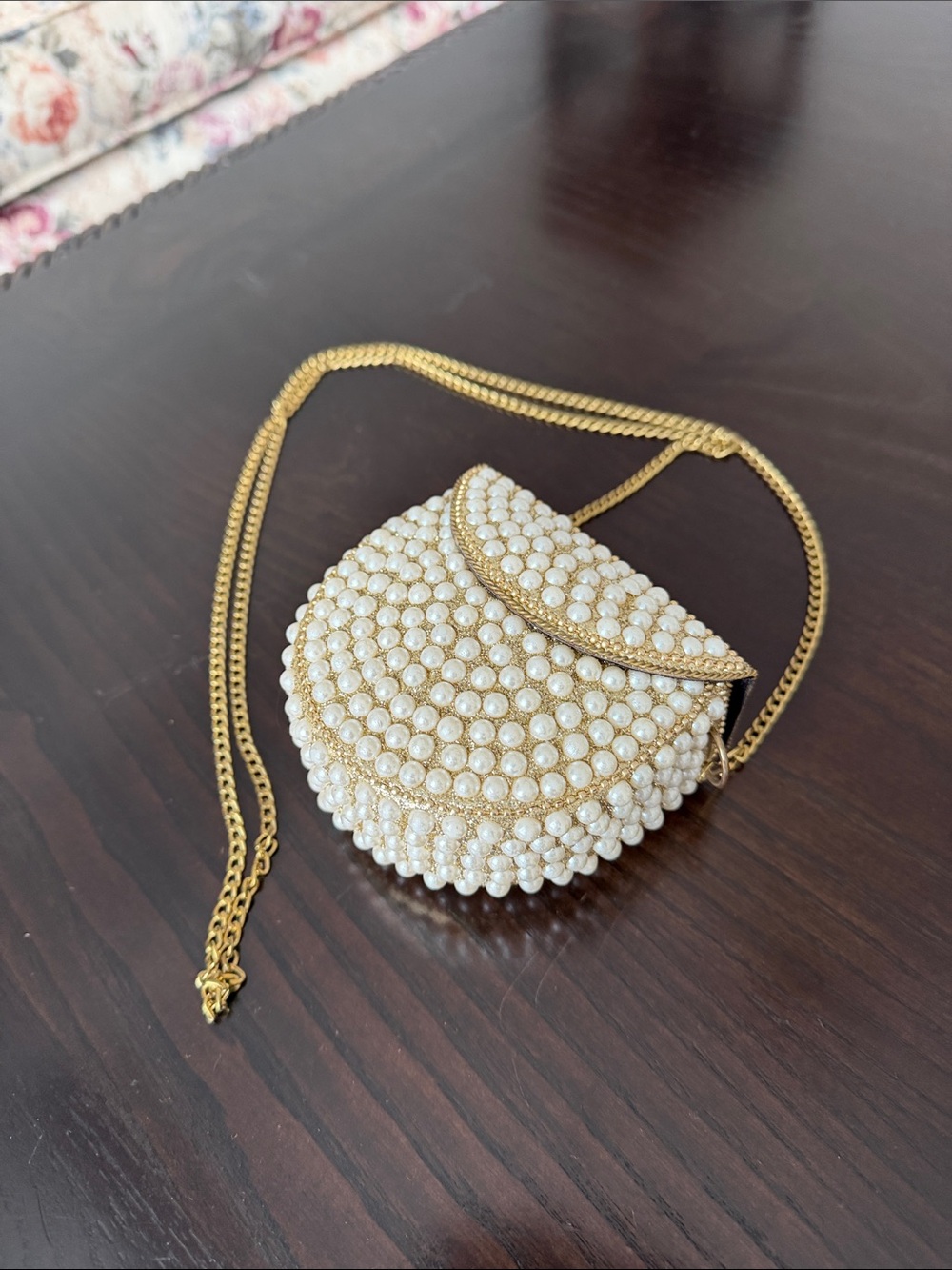Pearl-Embellished Mini Crossbody Bag - Gold Chain